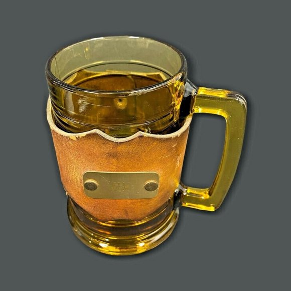 Vintage Amber Glass Mug Leather Snap Cover Wrap J - Picture 4 of 10